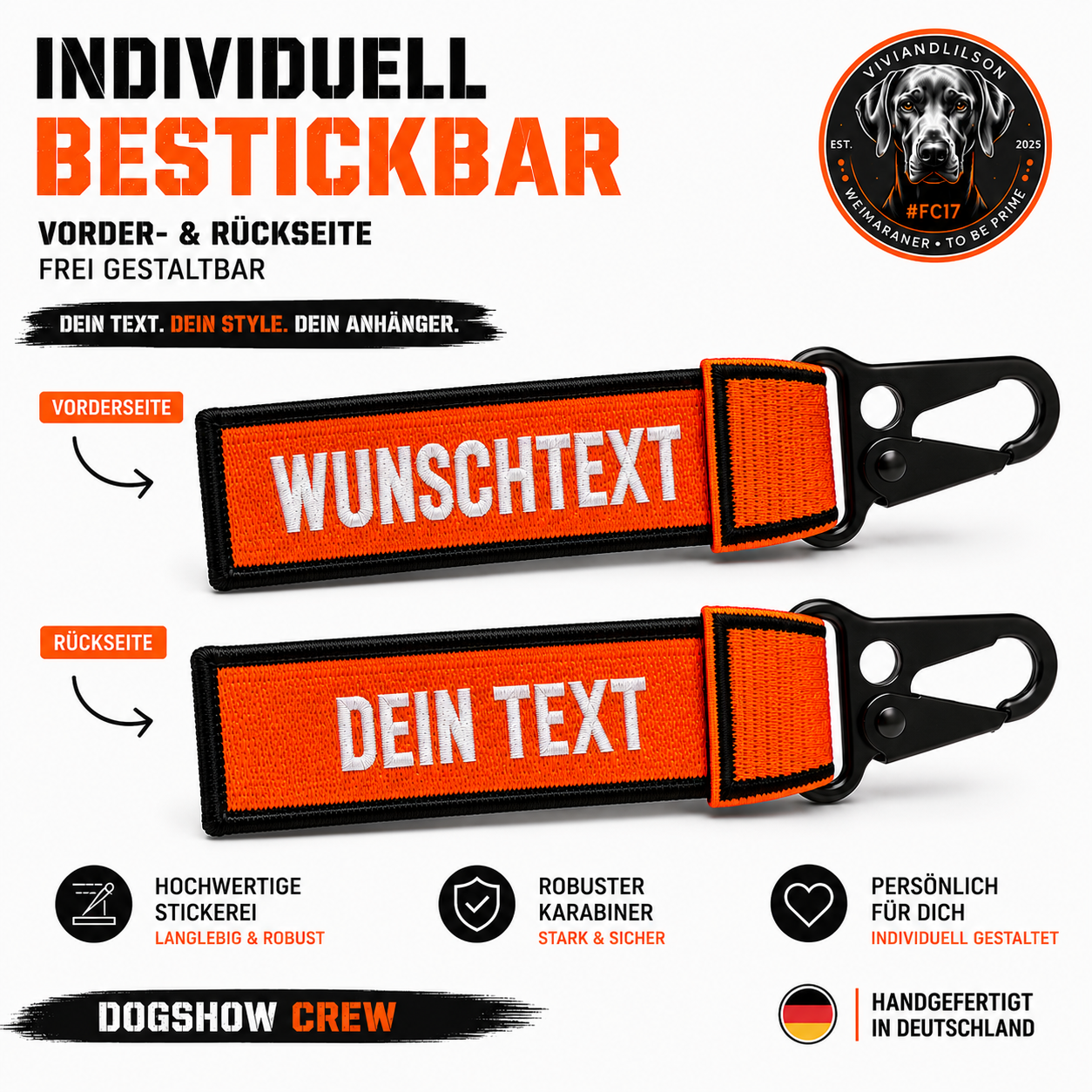 🐾 Personalisierter Schlüsselanhänger & Hundeanhänger mit Wunschtext | Beidseitig bestickbar | 8 Farben | Made in Germany