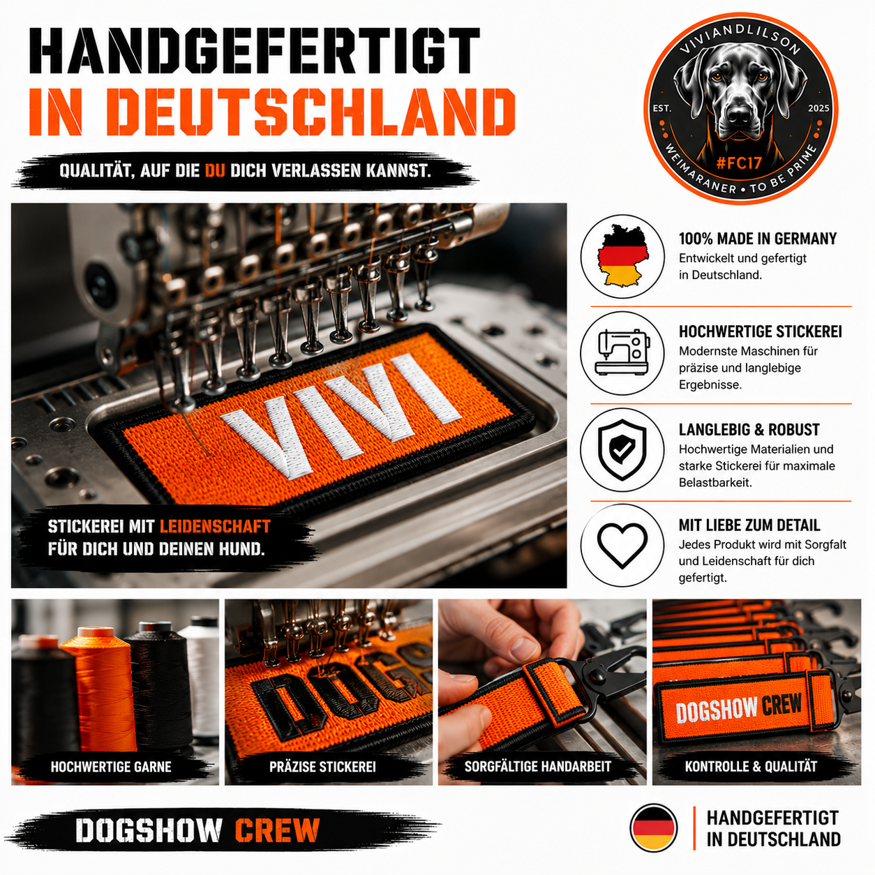 🐾 Personalisierter Schlüsselanhänger & Hundeanhänger mit Wunschtext | Beidseitig bestickbar | 8 Farben | Made in Germany