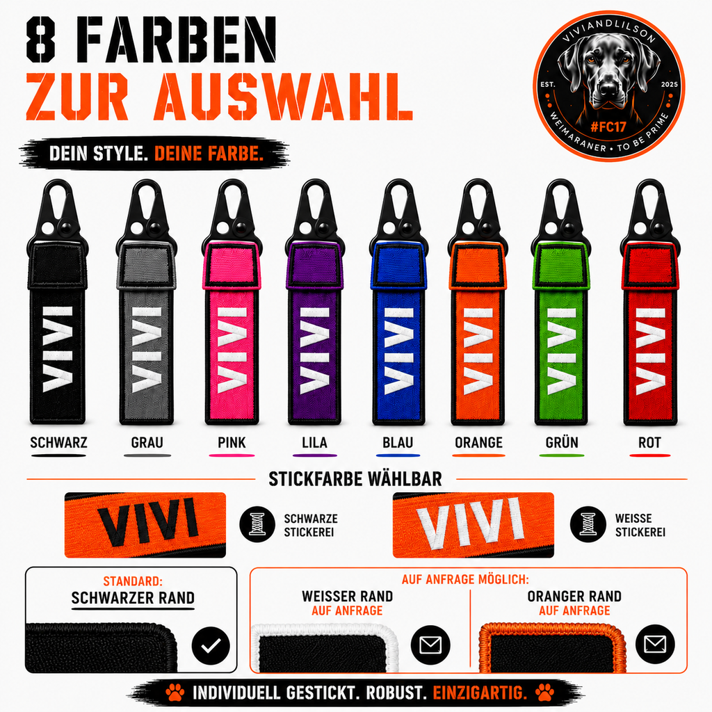 🐾 Personalisierter Schlüsselanhänger & Hundeanhänger mit Wunschtext | Beidseitig bestickbar | 8 Farben | Made in Germany