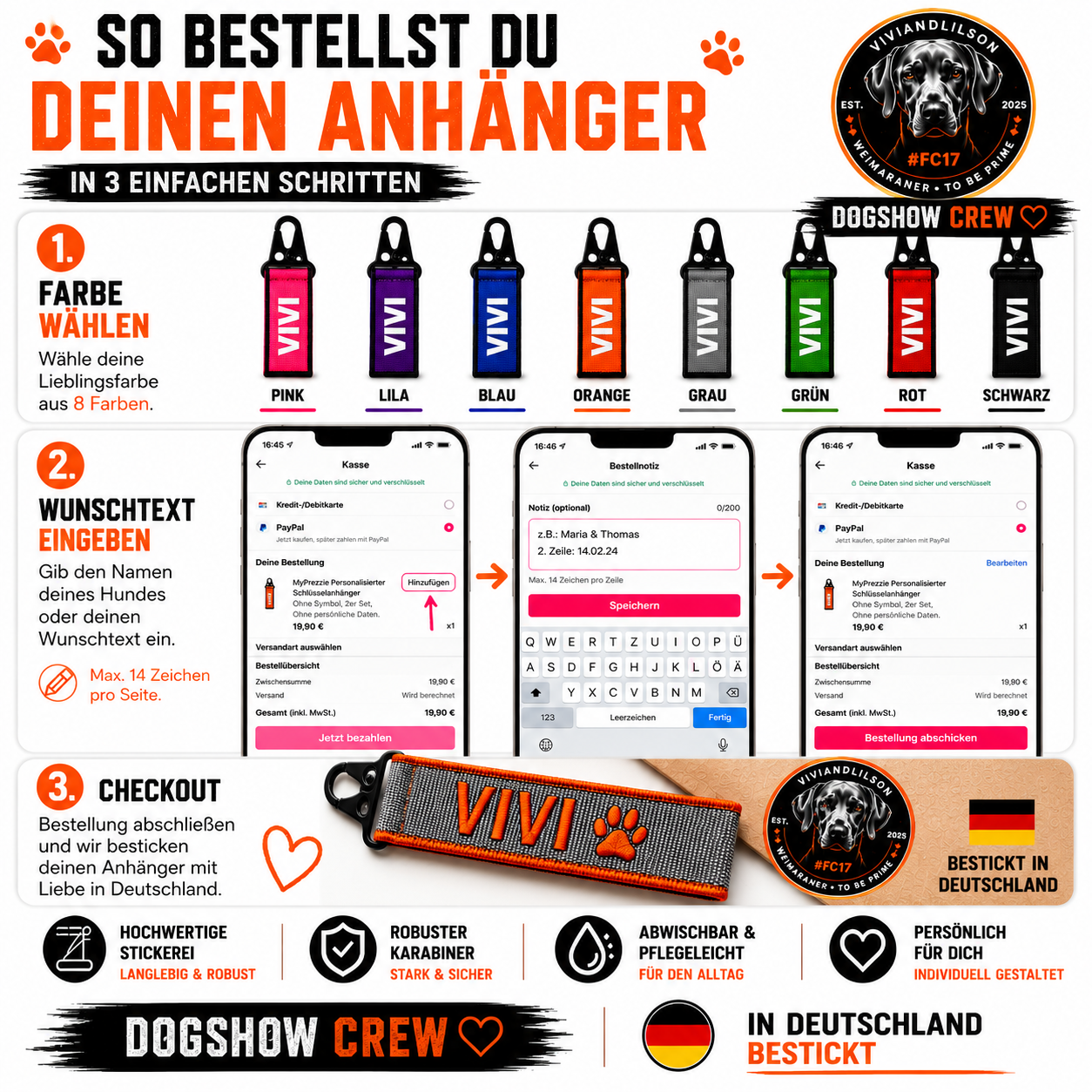 🐾 Personalisierter Schlüsselanhänger & Hundeanhänger mit Wunschtext | Beidseitig bestickbar | 8 Farben | Made in Germany