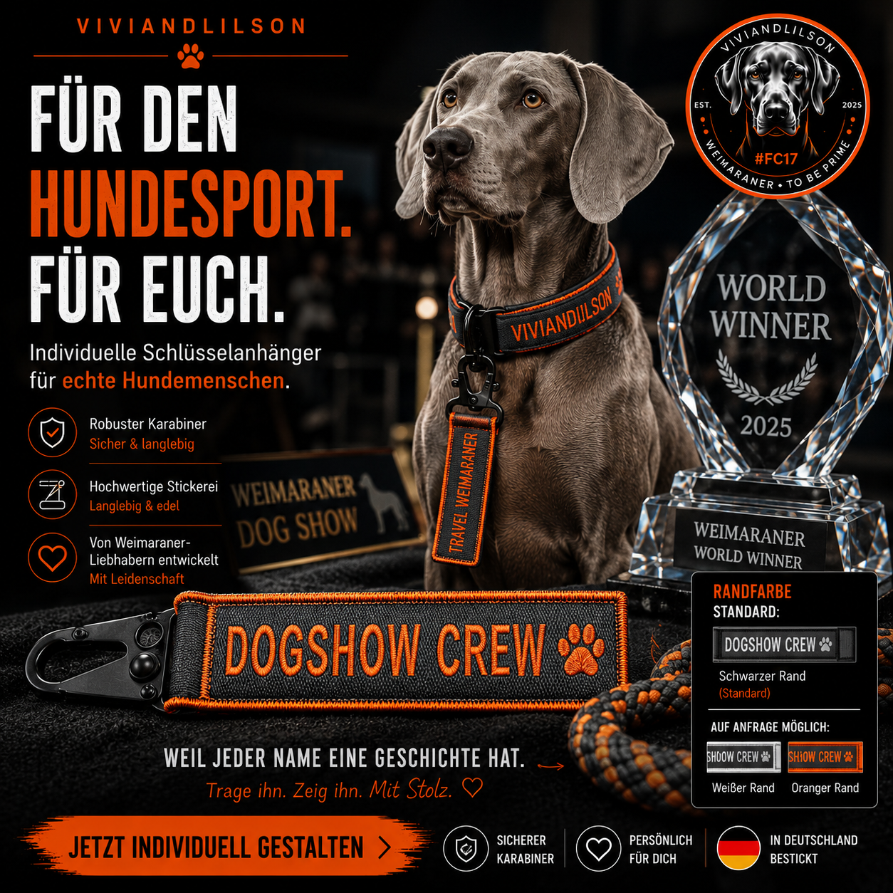 🐾 Personalisierter Schlüsselanhänger & Hundeanhänger mit Wunschtext | Beidseitig bestickbar | 8 Farben | Made in Germany